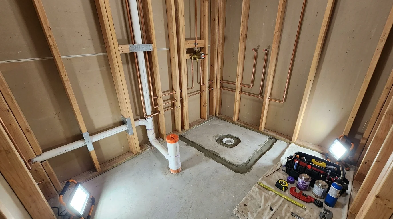 Bathroom rough-in plumbing during remodel by Johns Plumbing LLC in Borrego Springs