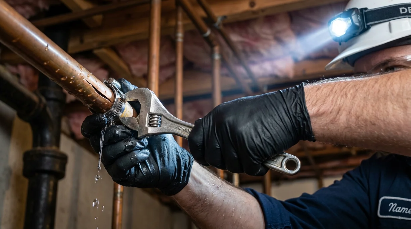 Emergency pipe clamp repair being performed by a Johns Plumbing LLC plumber in Borrego Springs