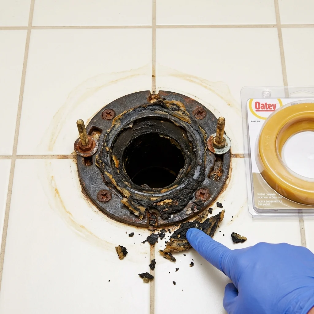 Failed wax ring showing water seepage at the base of a toilet in a Borrego Springs, CA home