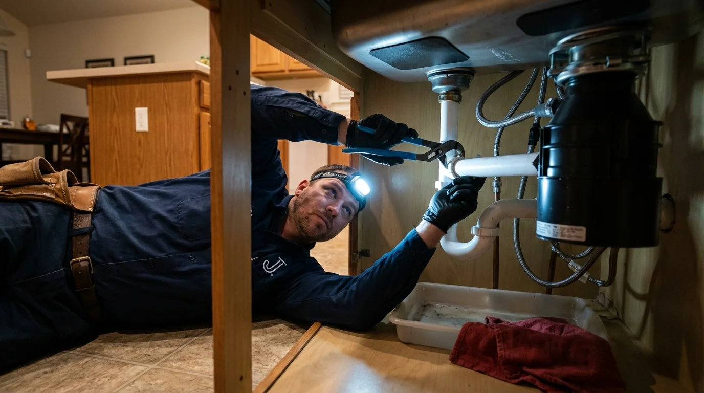 P-trap and supply line connections under a kitchen sink showing a common leak point in Borrego Springs, CA